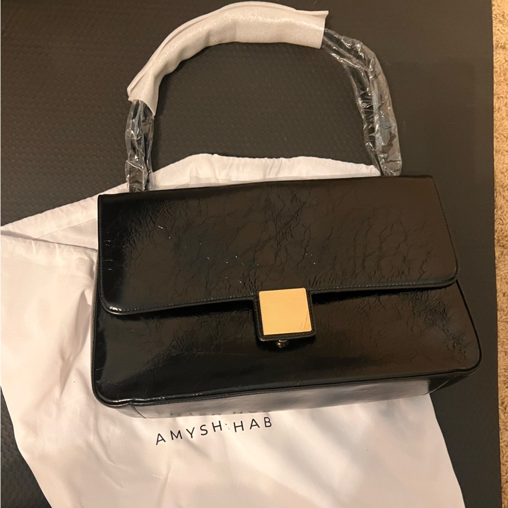 Black Patent Leather Shoulder Bag with Gold-Tone Clasp